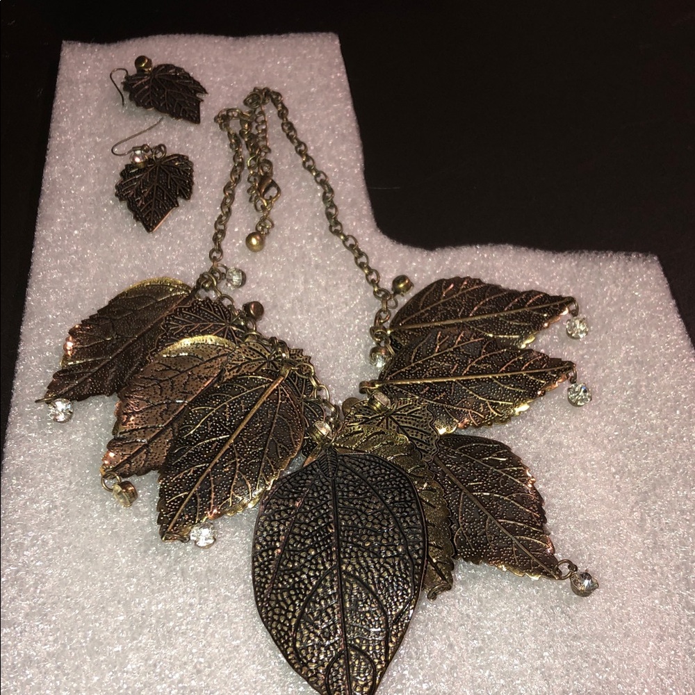 Leaf Statement Bib 14 in Necklace and Earrings Set - Bronze Tones& Clear stones